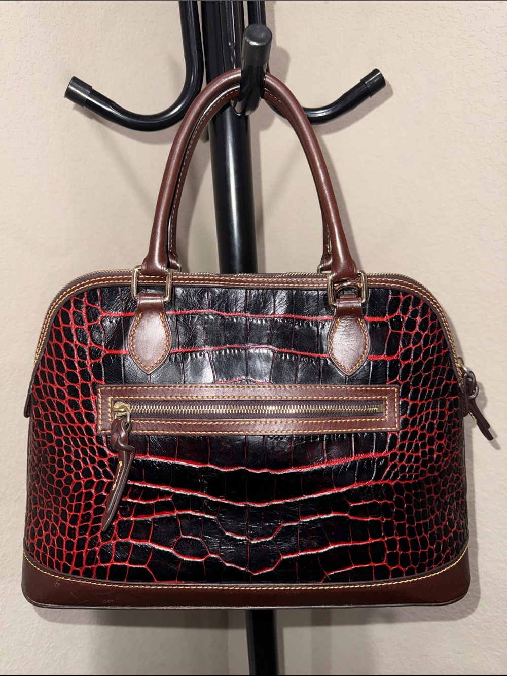 Dooney & Bourke Black and Red Croc-Embossed Dome Satchel - Picture 3 of 15